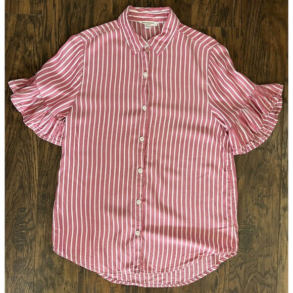 BeachLunchLounge Salmon/Pink Striped Button Down Collared Flared Sleeve Shirt XS - Picture 2 of 12